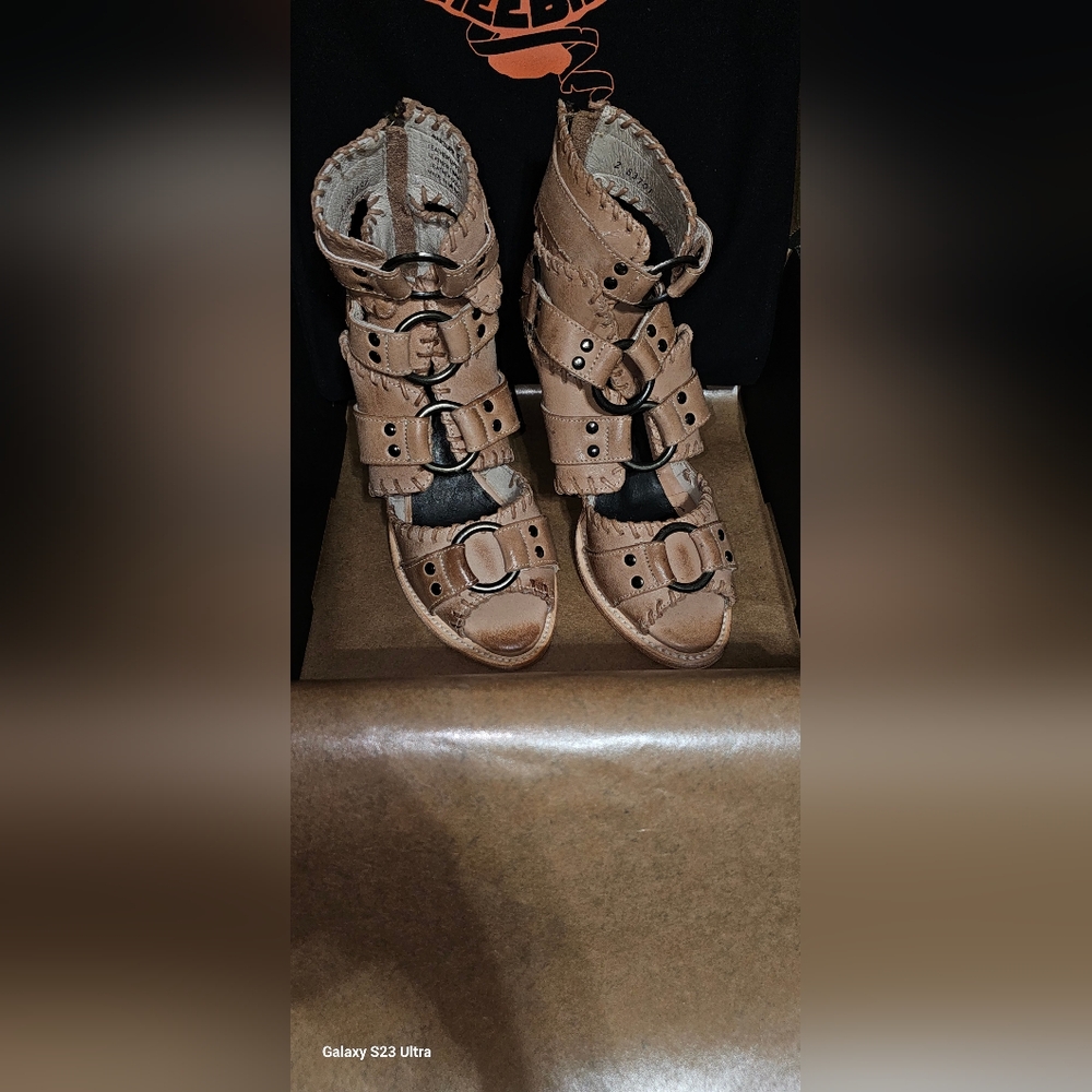 Freebirds RAPTURE Beige Buckle Boho Chunky Heel Sandals